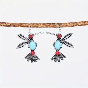 Boho Fun Bird Design Dangle Dangle Earrings Faux Turquoise & Red Beaded